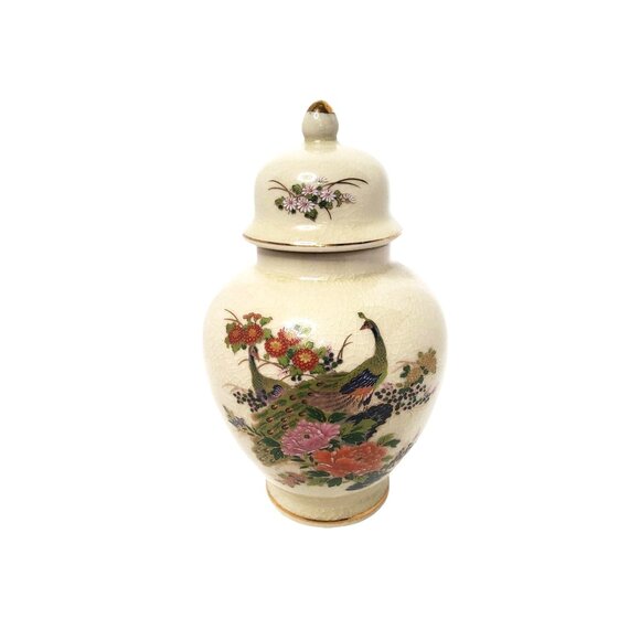 vintage japan satsuma crackle porcelain peacock and floral design ginger jar. - Picture 7 of 9
